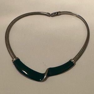Vintage Green Baked Enamel Silver Tone Choker Necklace 80s Retro